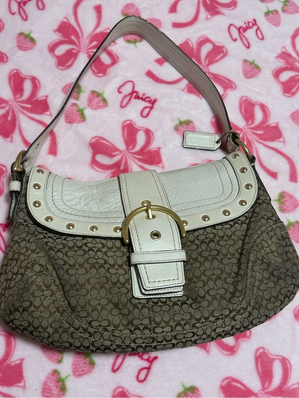 Coach Brown Signature Canvas Hobo with Cream Leather Trim